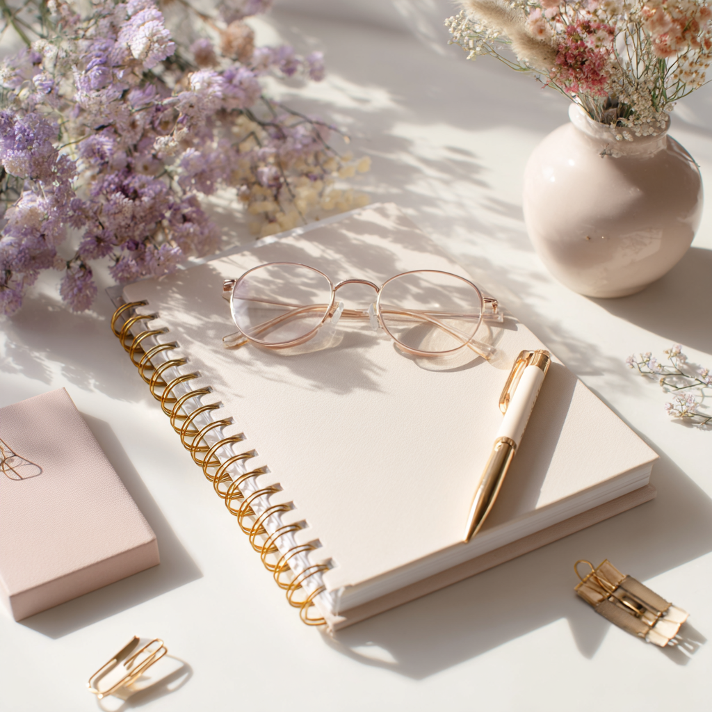 Open retirement daily planner on a desk with flowers, pen and glasses