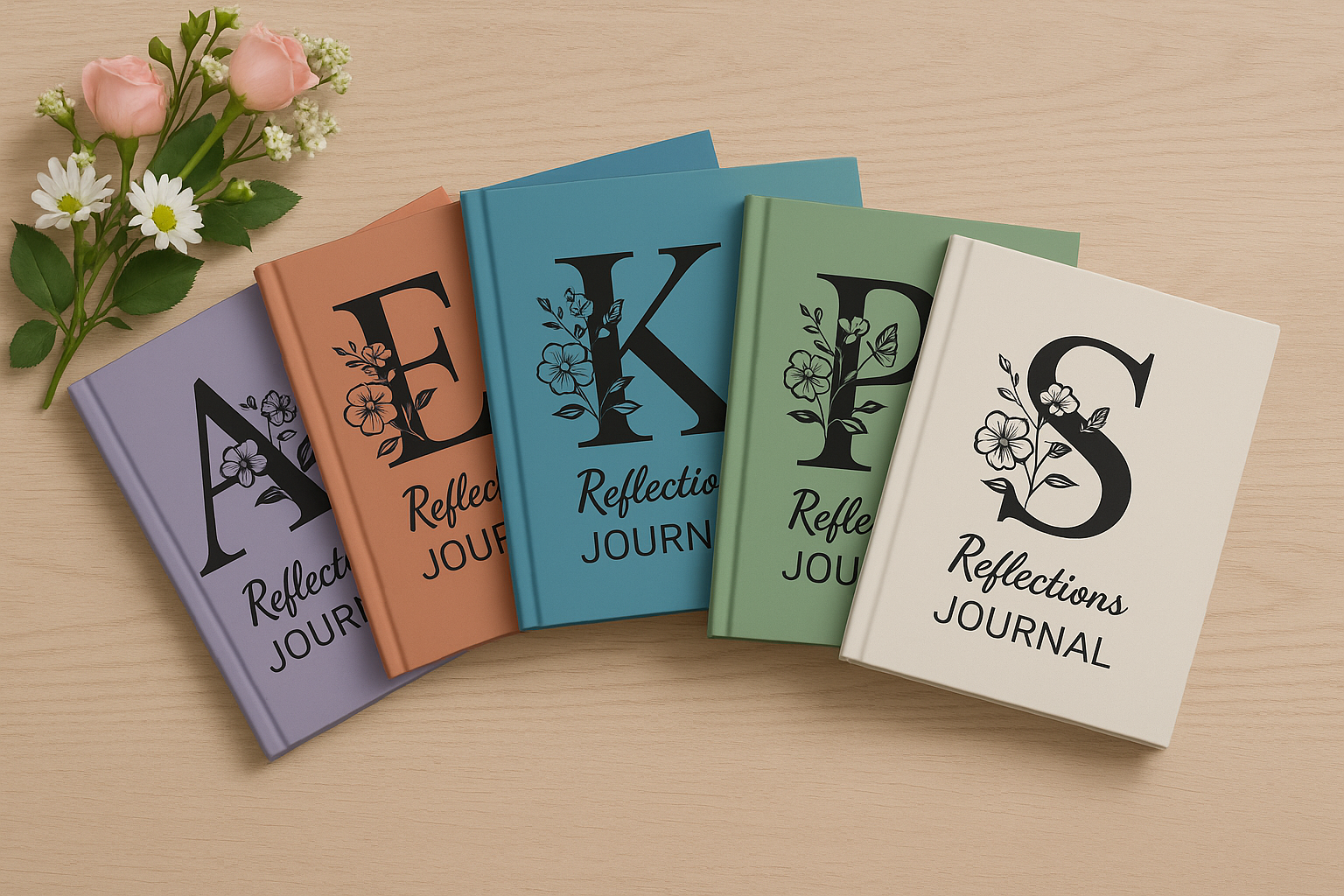 Several personalized initial hardback journals in different colours with flowers on a desk