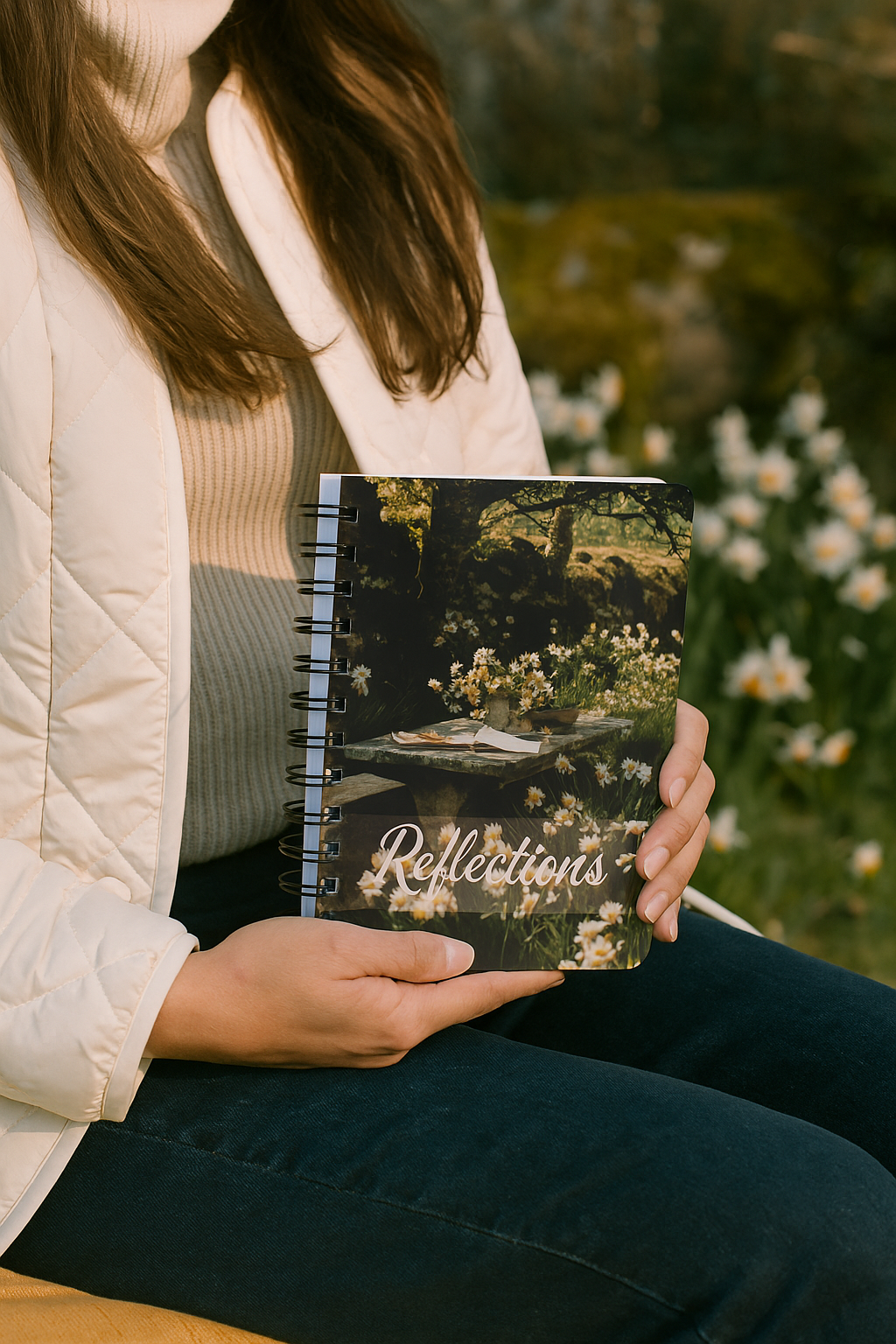 Woman holding the Daffodils Reflections Journal in the garden