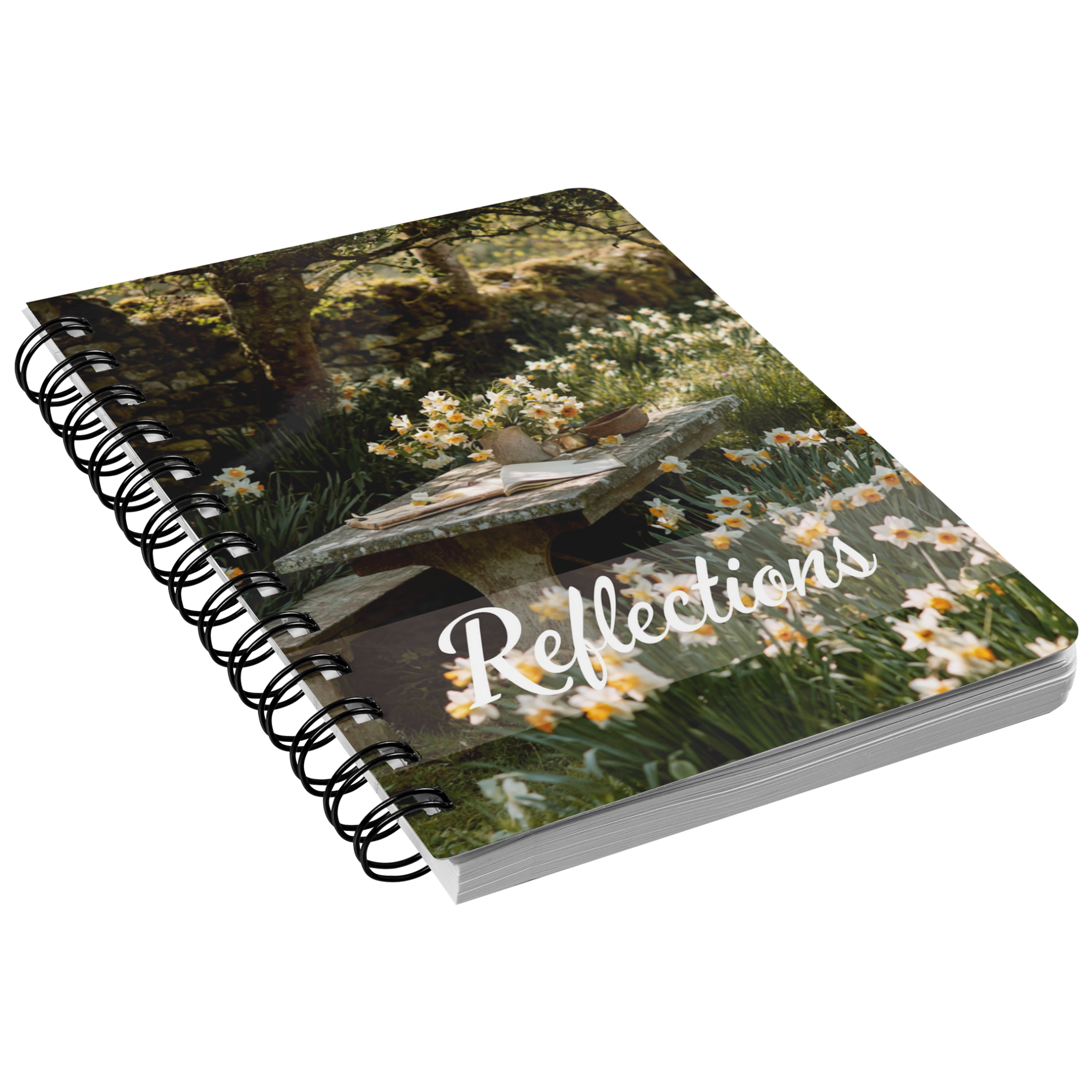 Daffodils Reflections Journal mockup with bright yellow floral cover
