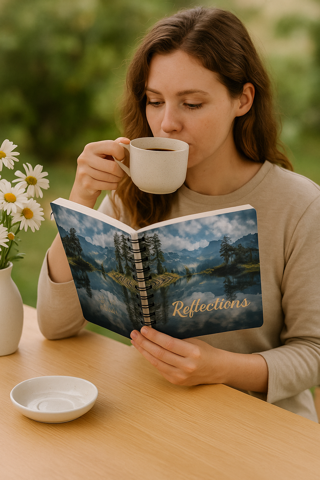 Woman holding the Mountain Lake Reflections Journal outside