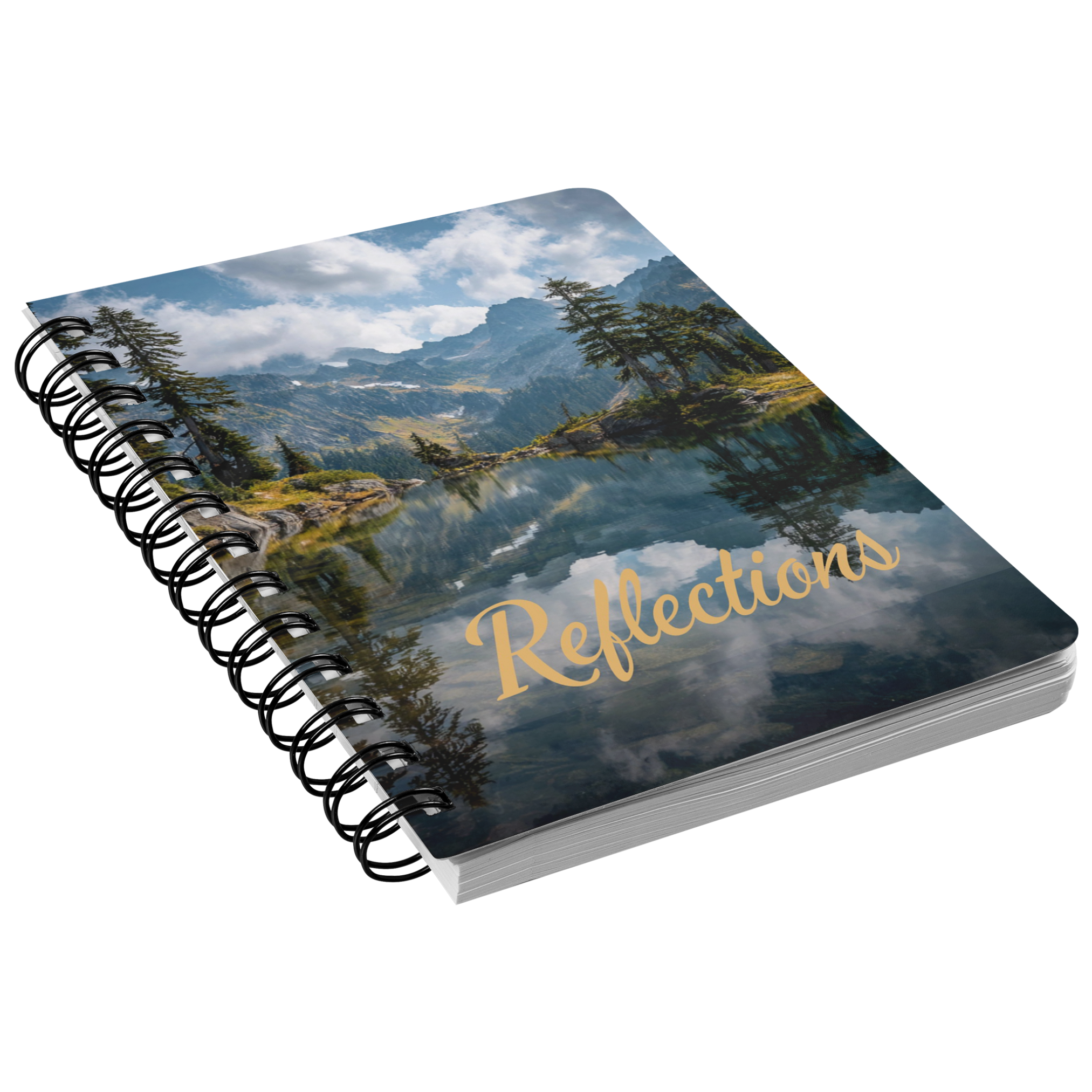 Mountain Lake Reflections Journal mockup showing the watercolor lake cover