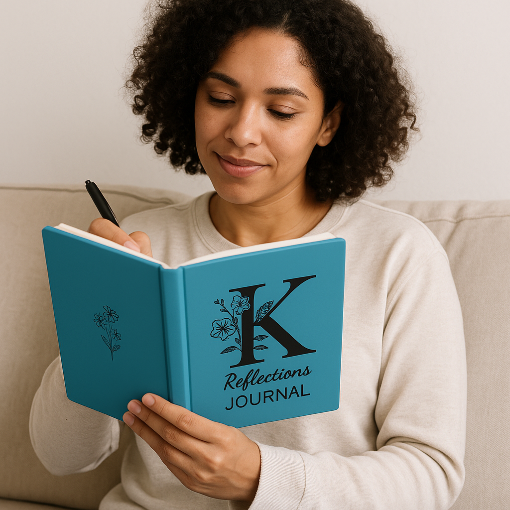 Woman writing in a personalized initial hardback journal at a desk