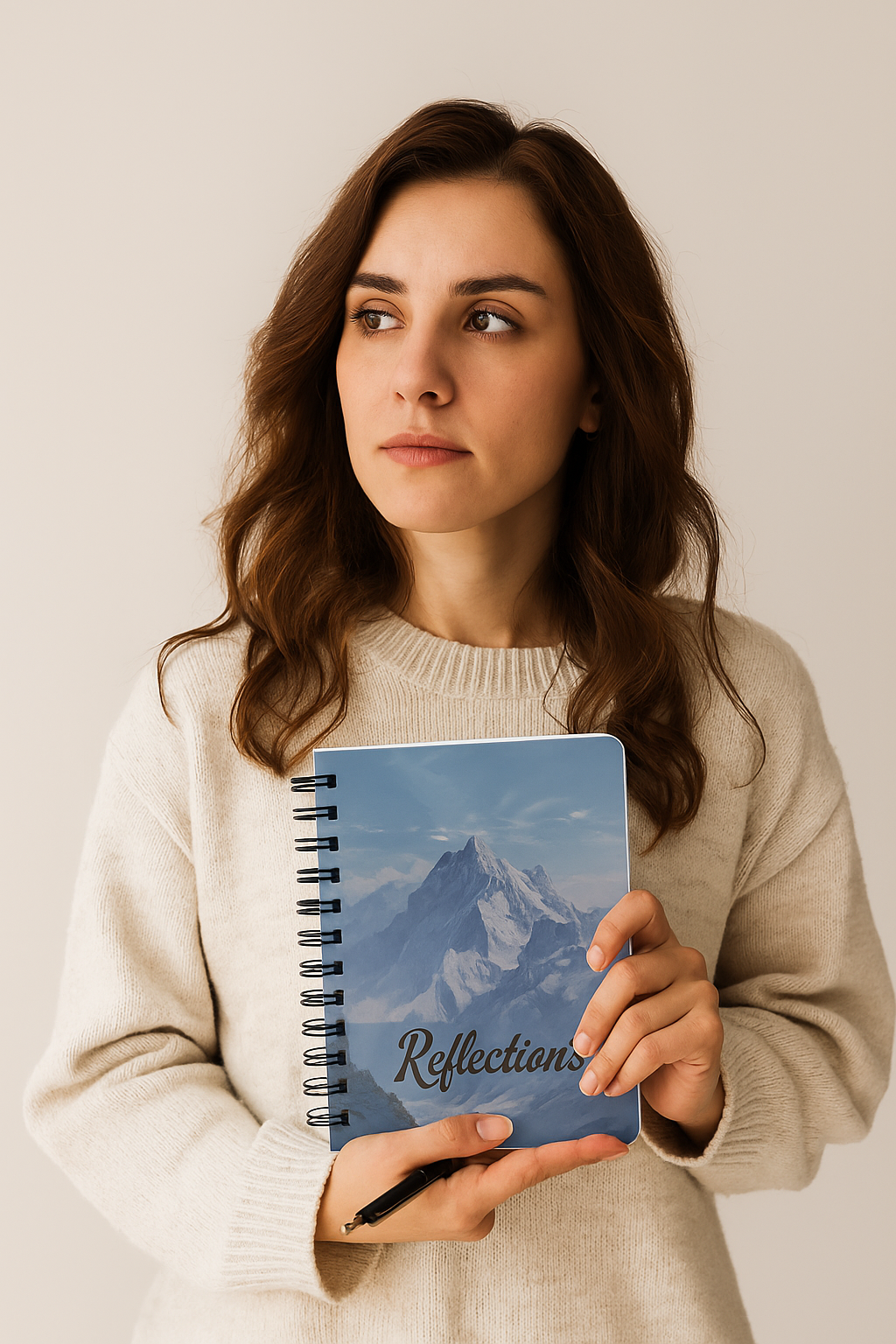 Woman holding the Snowy Mountains Reflections Journal with a hot drink