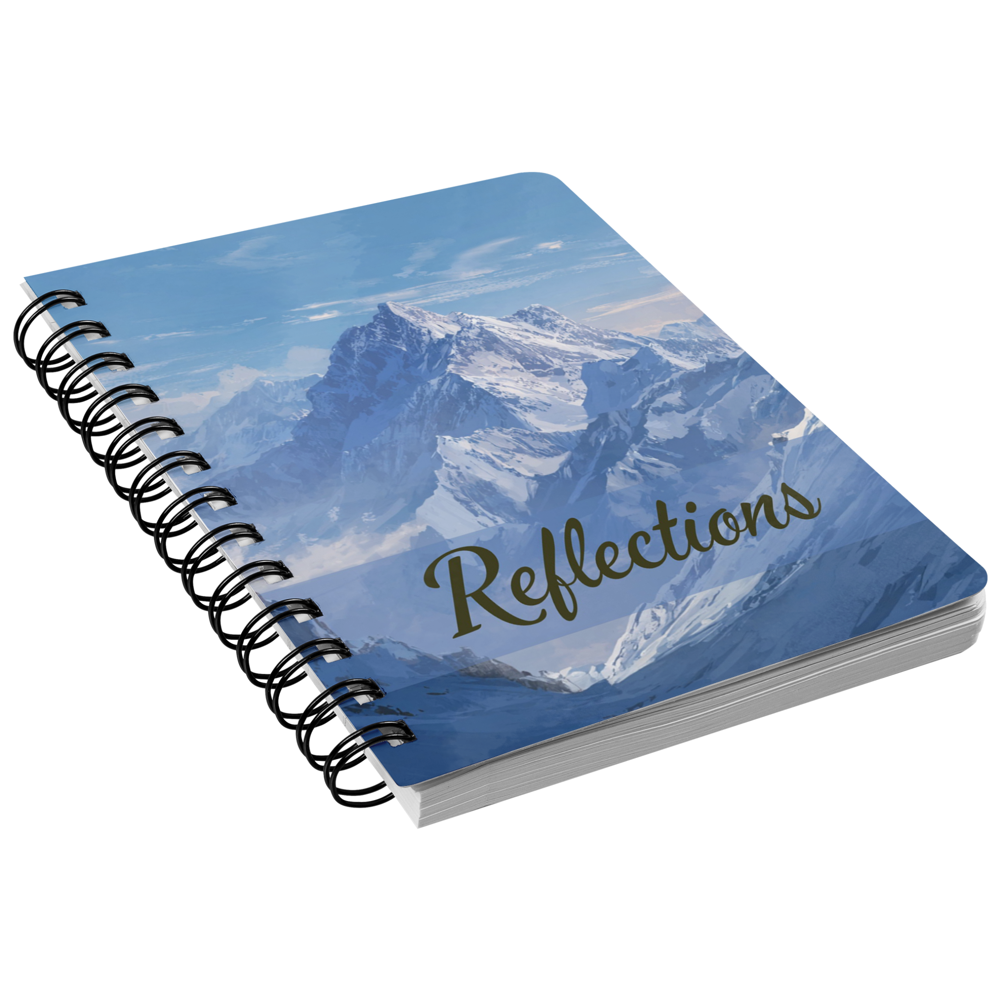 Snowy Mountains Reflections Journal mockup with winter mountain artwork