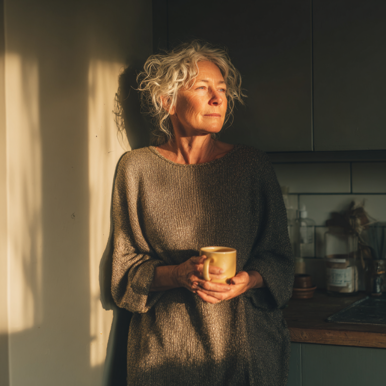 Woman enjoying peaceful morning sunlight — representing emotional ease in retirement.