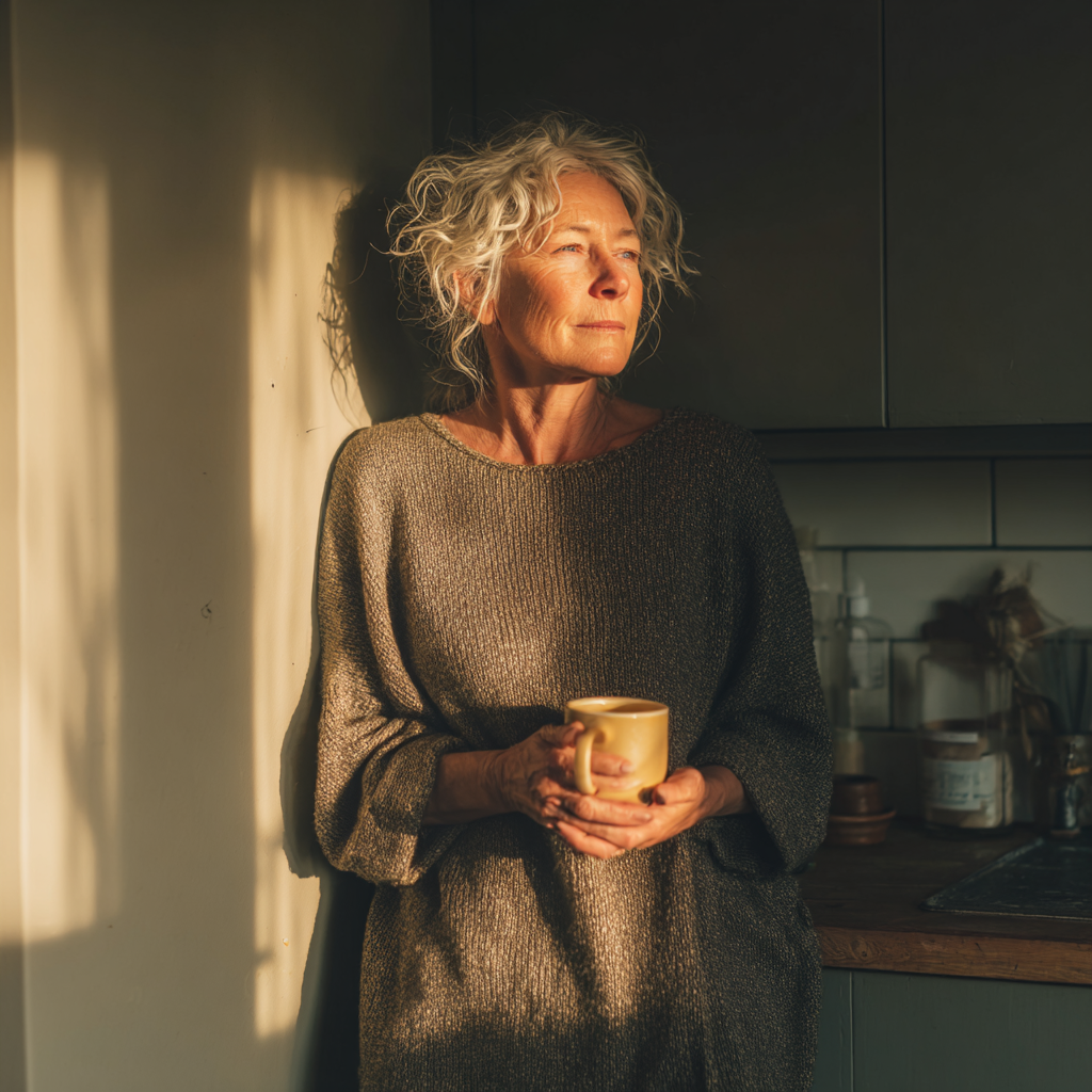 Woman enjoying peaceful morning sunlight — representing emotional ease in retirement.