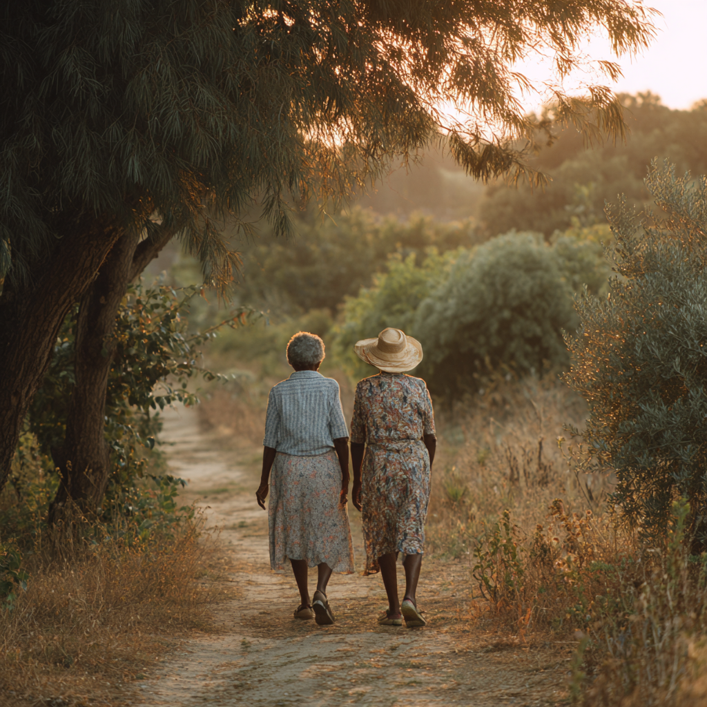 Two women walking side by side on a quiet path, symbolizing gentle reconnection and new rhythms of friendship in retirement.