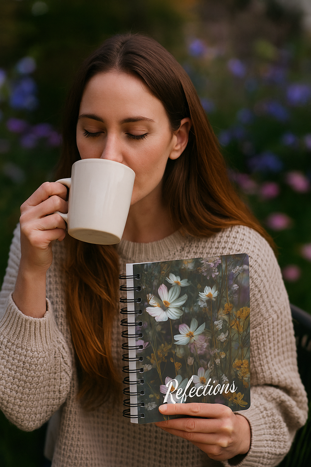 Woman holding the Wildflowers Reflections Journal