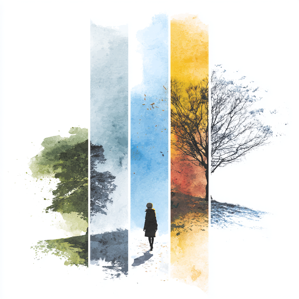 watercolor depiction of 4 seasons of trees with woman walking into the distance